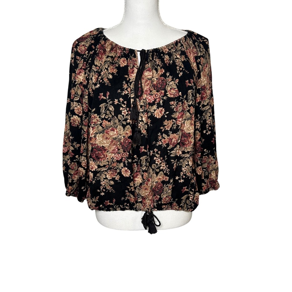 Denim & Supply Ralph Lauren Women Blouse Black Floral Boho Peasant Tassel M